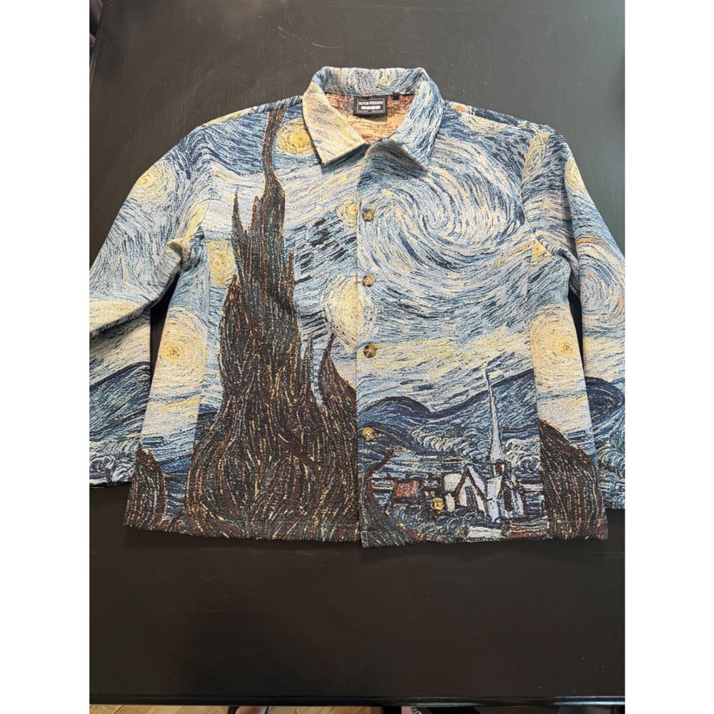 Super Massive Starry Night Tapestry Jacket Mens Medium Van Gogh Art Woven Blue